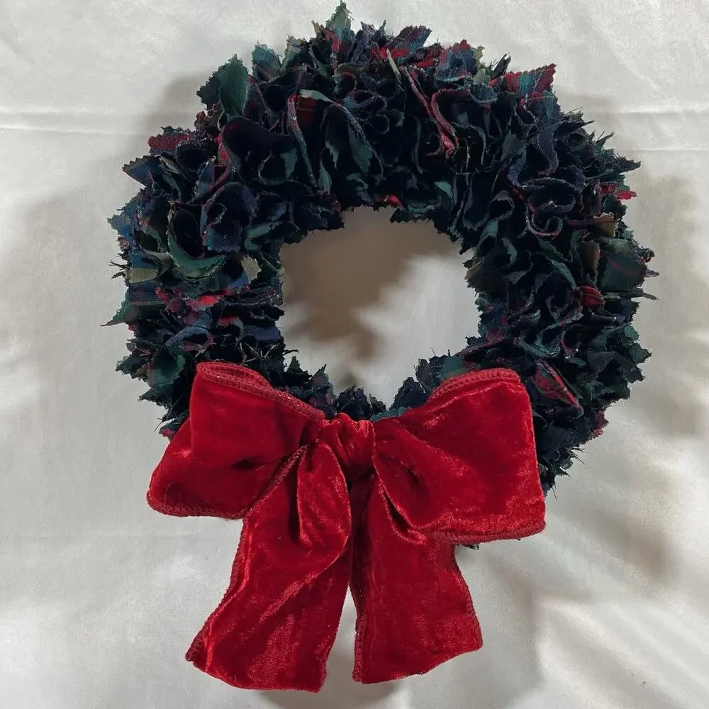 Handmade Pendleton Wool Shirt Wreath 12” Christmas Winter Plaid Red Velvet Bow